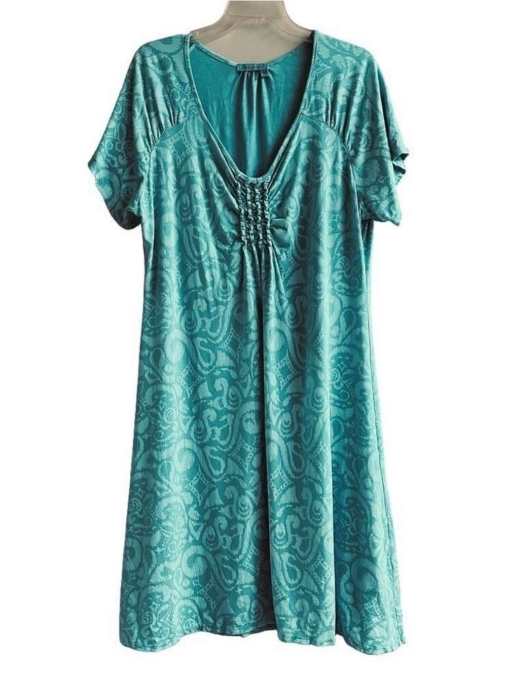 Fresh Produce turquoise jersey dress 1X short sleeve Vneck Beachy Casual knit